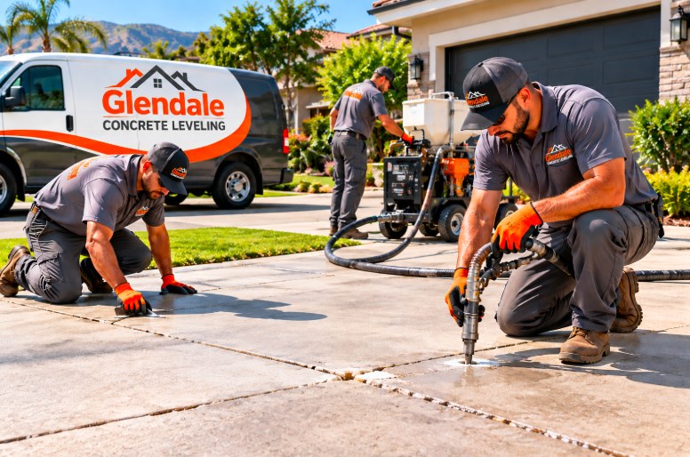 Concrete Leveling Glendale crew injecting leveling material under a sunken driveway slab
