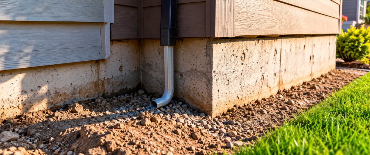 Concrete house foundation with a downspout draining away from the wall