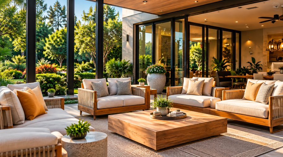 Smooth concrete patio with outdoor furniture
