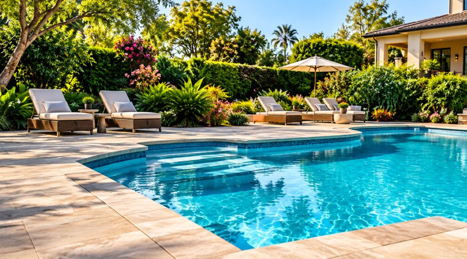 Level concrete pool deck around a backyard pool