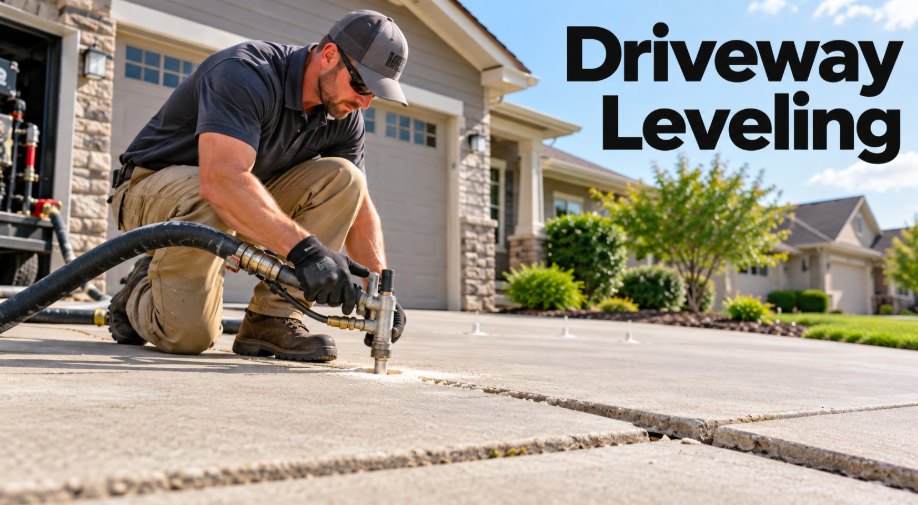 Technician injecting leveling material into a sunken driveway slab in Glendale