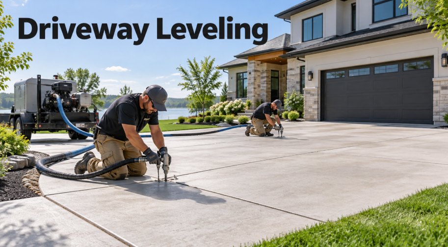 Crew leveling a residential concrete driveway in front of a garage