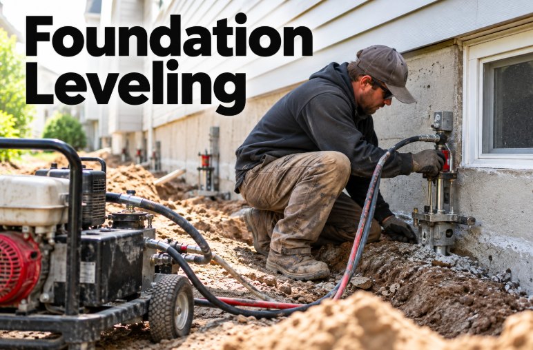 Technician inspecting a foundation support installed beneath a home