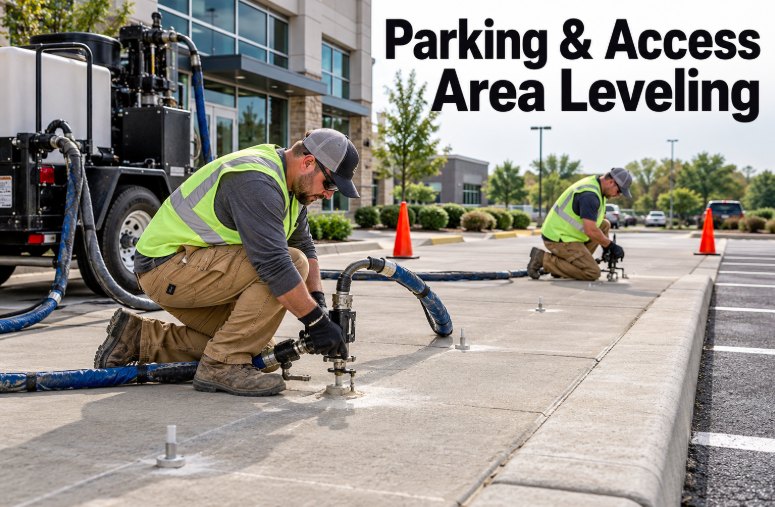 Technician leveling a concrete access area beside a commercial parking lot
