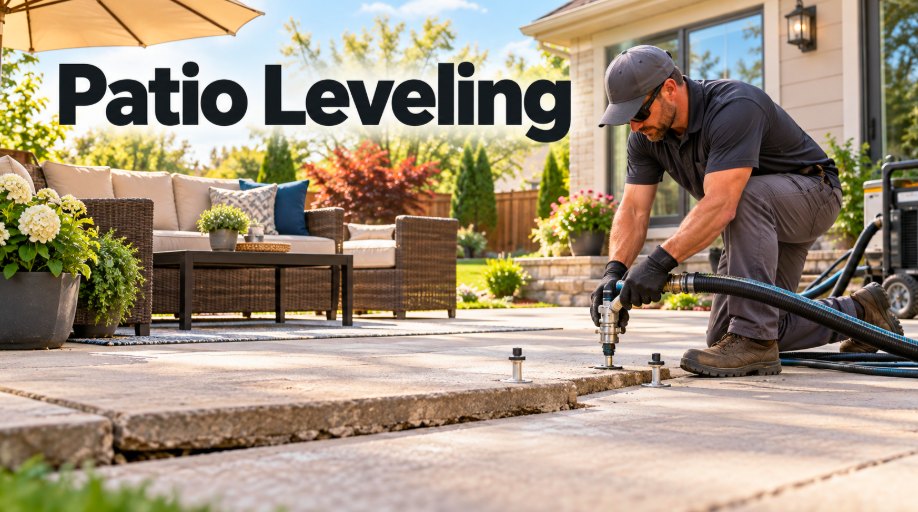 Technician leveling a backyard concrete patio near outdoor seating