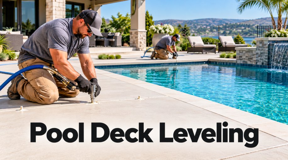 Technician injecting leveling material into a pool deck slab near the coping