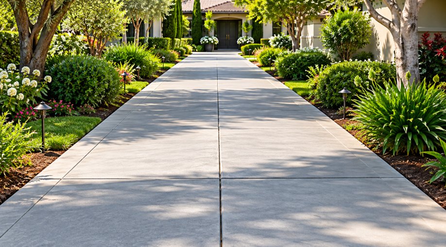 Leveled concrete sidewalk lined with plants