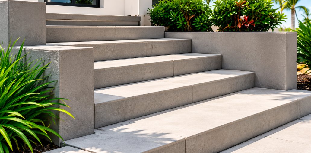 Level concrete stairs and entryway